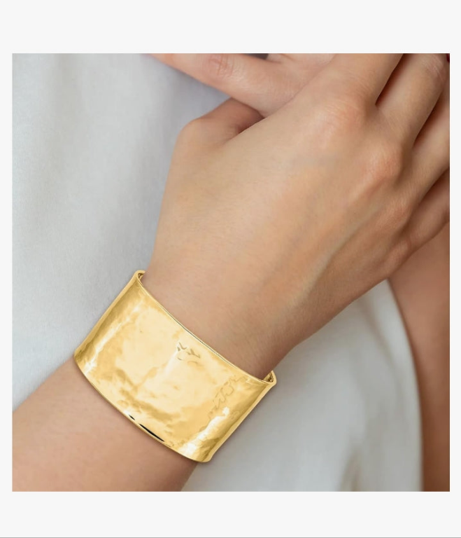 14K Yellow Gold 37mm Hammered Polished Cuff Bangle Bracelet