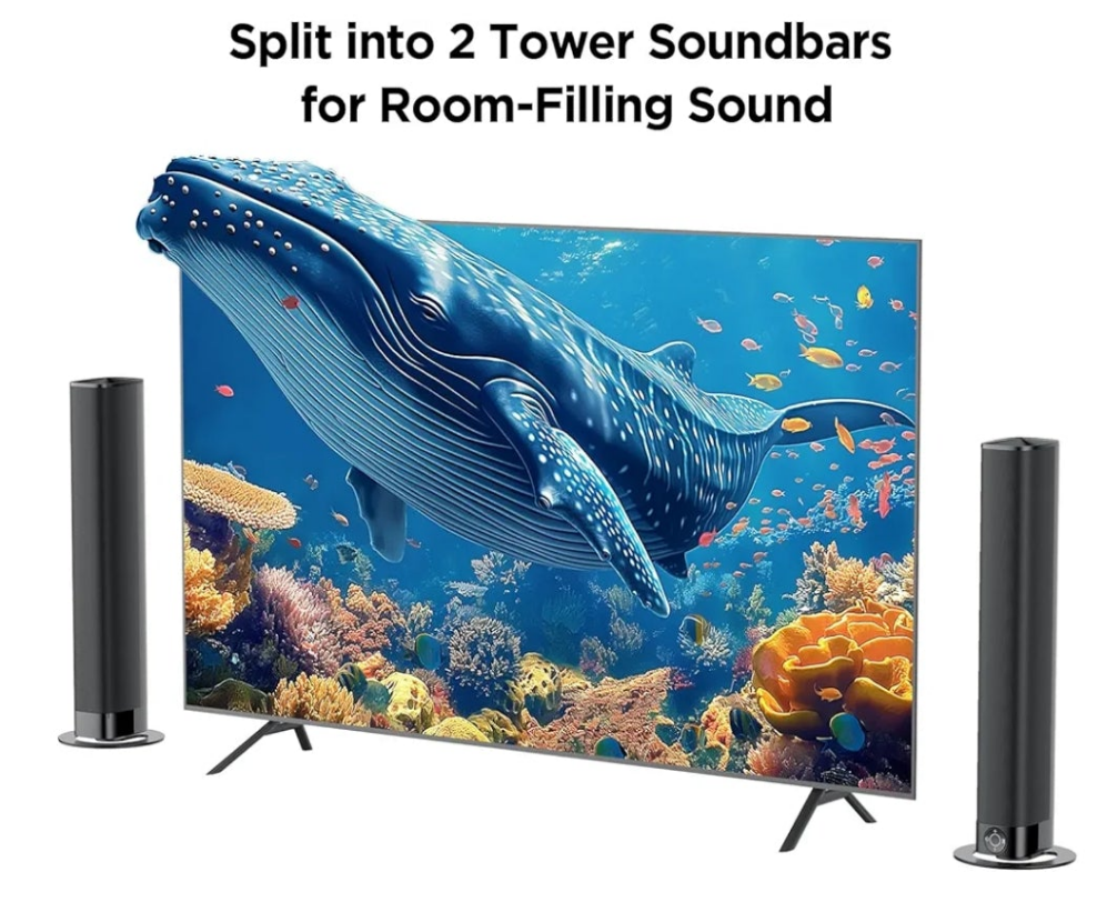 Sound Bar for Smart TV, Soundbar with Bluetooth/ARC/Opt/AUX Connect, Auto Volume Boost, 3 Equalizer Modes, 2 in 1 Detachable Soundbar for TV/PC/Gaming/Projectors