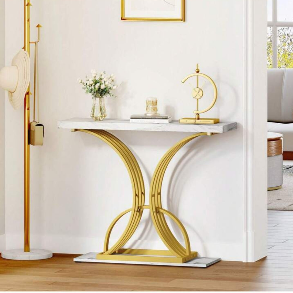 Accent Table, Versatile Console & Sofa Table With Faux Marble Top, Space-Saving Narrow Design For Entryway, Hallway, Or Living Room, White & Gold Marble stone