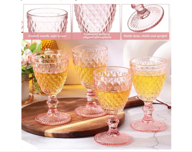 Pink Wine Glass Set of 12 Vintage Glassware Goblets Red Wine Glass 8 oz Embossed Drinking Glass with Stem High Clear Stemmed Cups Goblet for Wedding Party Banquet Feast Bar, Daily Use