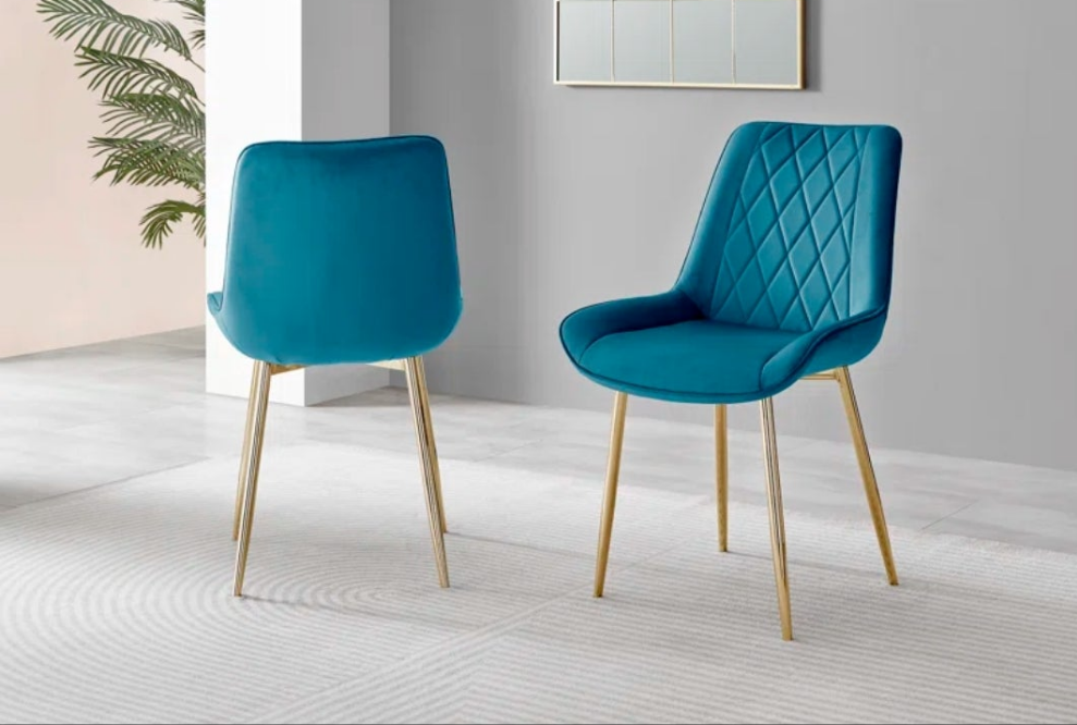 Metal and Glass Dining Table Set with 4 Velvet Upholstered Dining Chairs