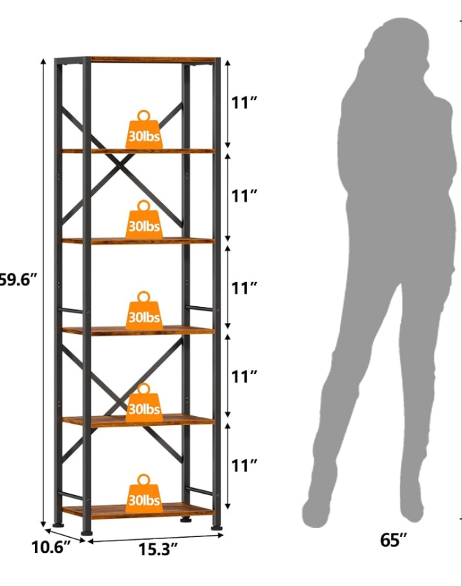 Tall Bookshelf, Narrow Bookcase with 6 Shelves, Modern Freestanding Shelf Units, Metal and Wood Display Storage Corner Rack Organizer for Living Room, Home Office, Hallway, Bathroom