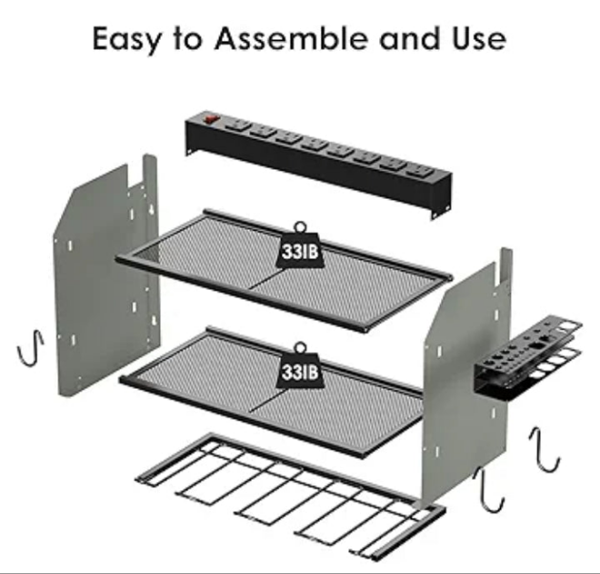 CCCEI Modular Power Tool Organizer Wall Mount with Charging Station. Garage 4 Drill Storage Shelf with Hooks, Drill Bit Heavy Duty Rack, Grey Tool Battery Holder Built in 8 Outlet Power Strip.