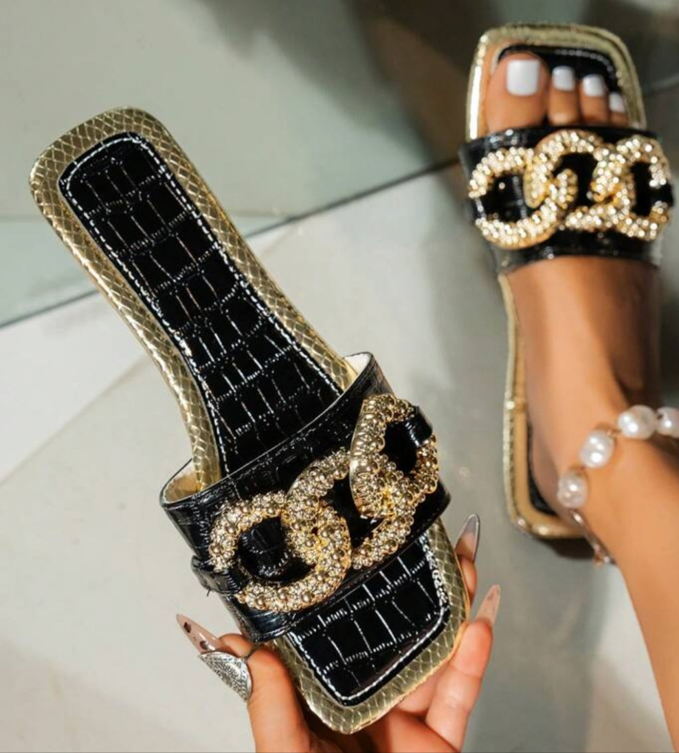 Fashion Gold Chain Flat Sandals, Comfortable Casual Open Toe Slippers Suitable For Outdoor, Beach, Party