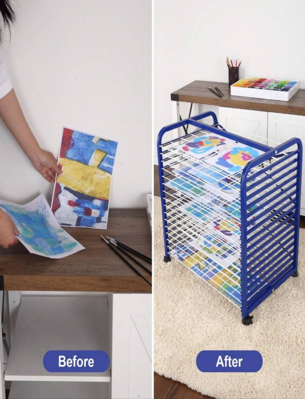 Art Drying Rack With 4 Lockable Wheels - Metal Art Storage Rack Art Organizer For Art Studio, Artwork, Craft Room And Desktop, Blue