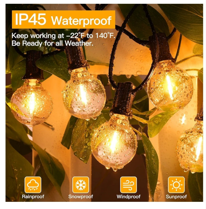 50FT Outdoor String Lights, Waterproof Connectable Shatterproof Outside Light with 25 Edison + 2 Spare LED Bulbs Plug in, Patio Lights for Indoor Balcony Porch