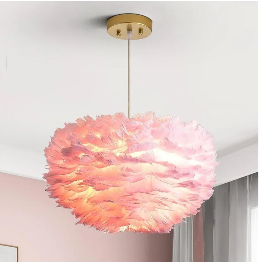 Feather Chandeliers, 3 Lights Modern Romantic Ceiling Haning Lamp, Pink Creative Art Feather Shade Chandelier, for Girls Room, Bedroom, Living Room, Dining Room, 17.7 inch