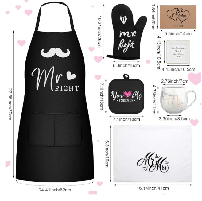 10 Pcs Couple Gifts Engagement Gifts for Couple Mr and Mrs Aprons Gift Set Include Aprons Mats Mugs Gloves Jewelry Plate Dish Towel Card Cool Bridal Shower Gifts for Bride and Groom Newlyweds