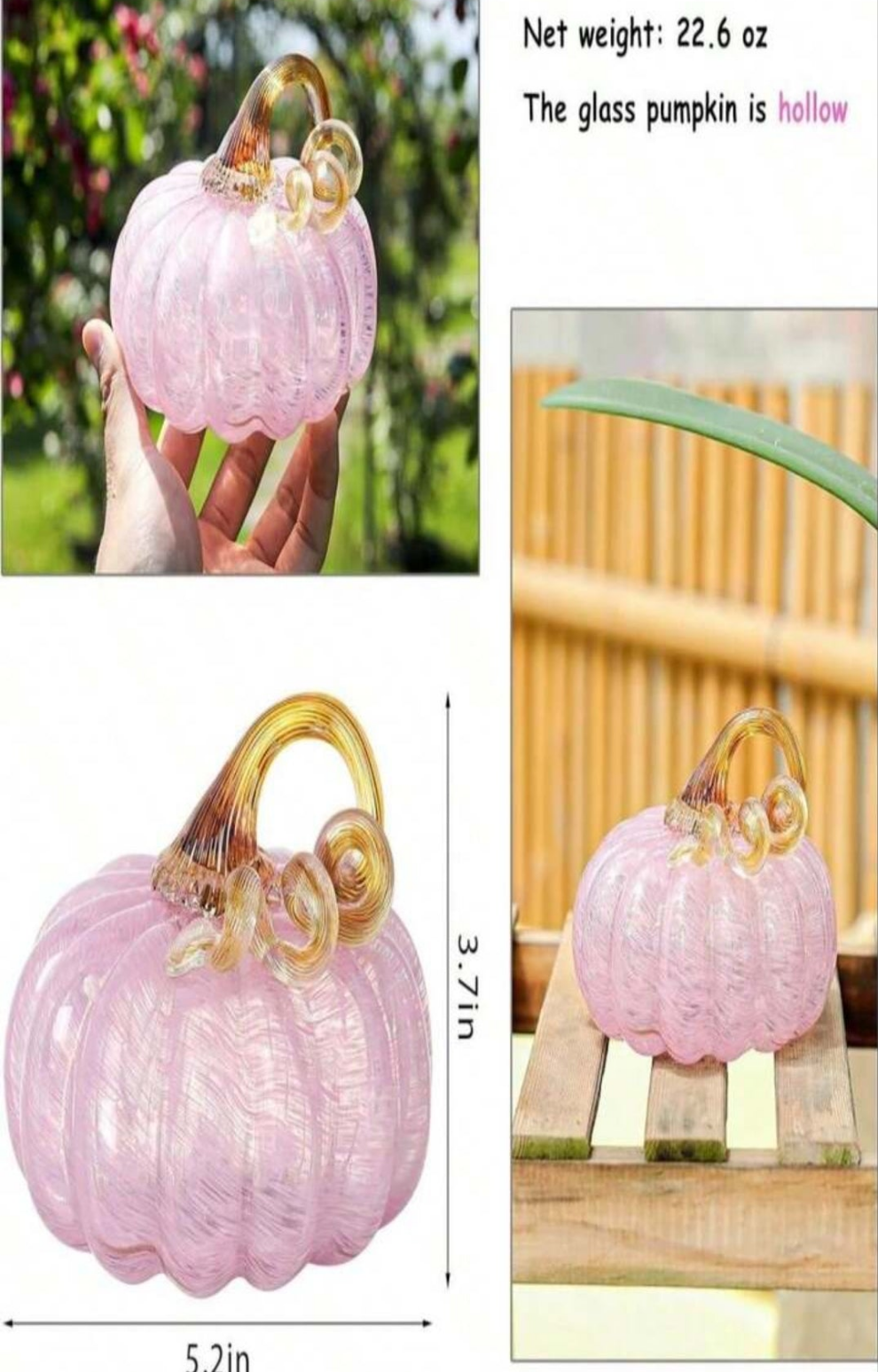 Hand Blown Glass Pumpkin Figurines 52 X 37 Inch Crystal Fake Pumpkin Deorative Ornaments For Tabletop, Halloween, Thanksgiving, Fall Harvest Pink