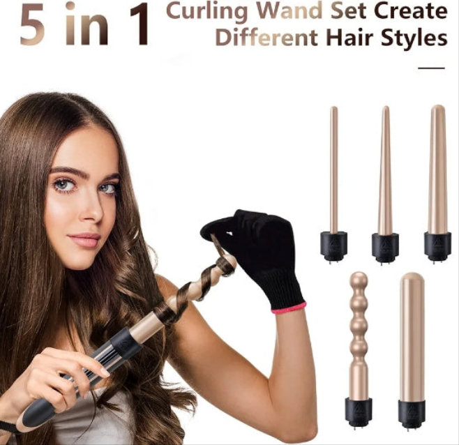 Curling Wand 5 in 1 Hair Curlers Iron Set Beach Waver Curling Iron with 5 Interchangeable Ceramic Tourmaline Barrel for Long Short Hair Styles Curling Iron Fast Heating Hair Cripmer for Women