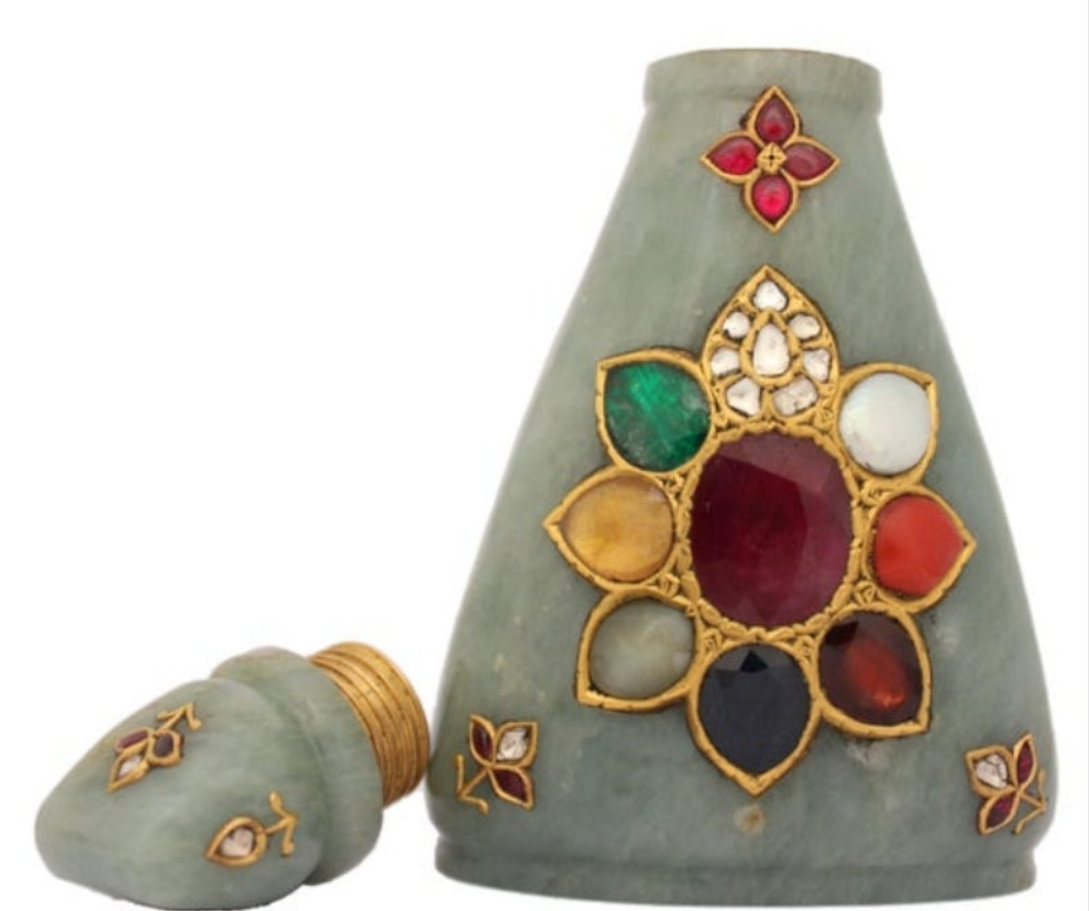 24k Gold Mughal Jadeite Jade Whiskey Flask Encrusted with Nine Gemstones Coral,Diamond,Jade,Blue Sapphire,Yellow Sapphire