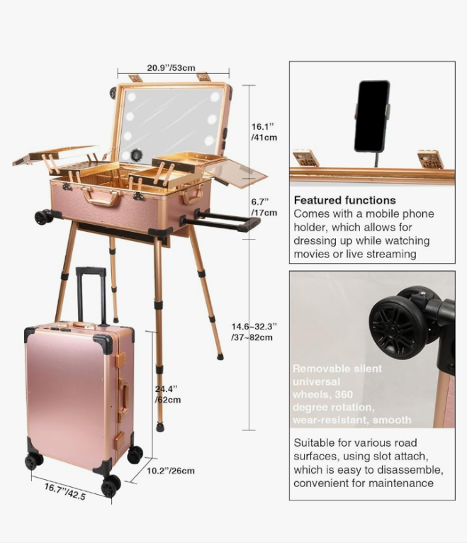 Rolling Makeup Train Case with Mirror and Lights Cosmetic Travel Box Mobile Barber Stations with Bluetooth, Speaker, Wheels, Stands