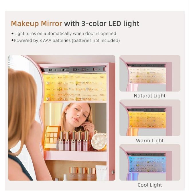 Jewelry Cabinet Door Hanging, LED Wavy Mirror Wall Mounted Jewelry Organizer, Over The Door Mirror With Storage, Lockable Jewelry Armoire with Full Length Mirror,