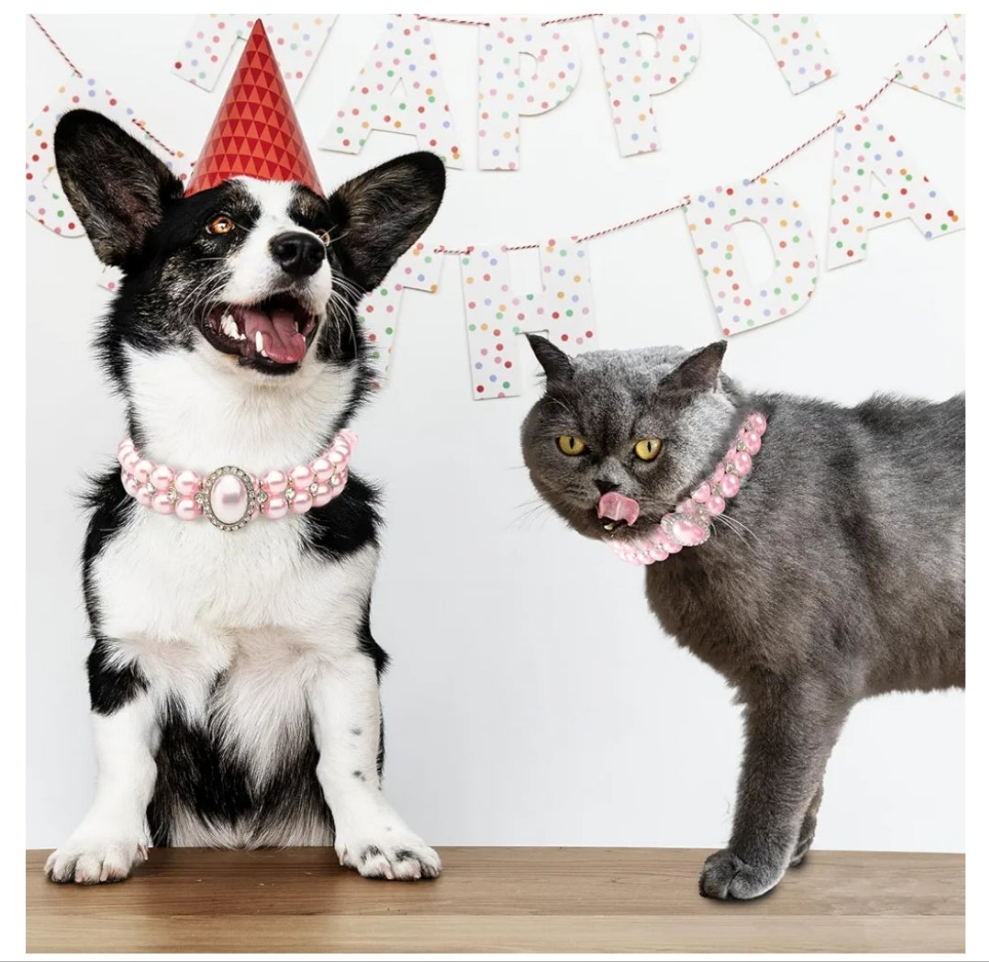 Dog Cat Big Pearl Collars with Crystal Rhinestone Diamond Décor, Adjustable Cute Fashion Pet PU Leather Necklace for Wedding Birthday Party