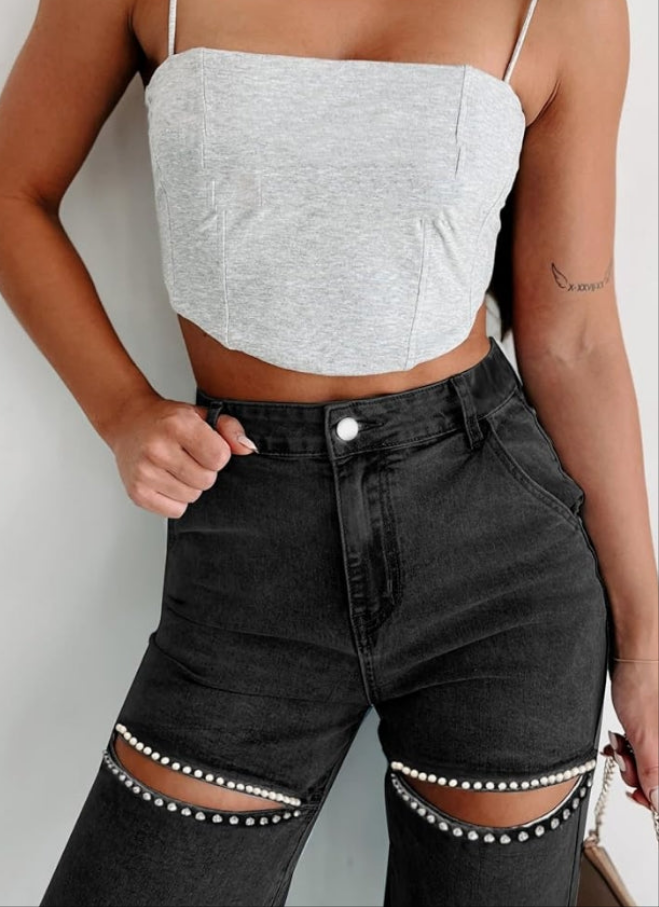 High Waist Denim Jeans Rhinestone Trim Bling Jeans Plus Size Denim Pants