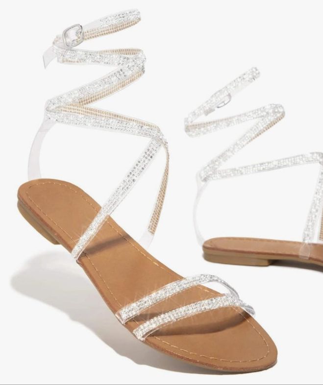 , Women's Rhinestone Strappy Sandals Fashion Flat Sandals Summer Dressy Peep Toe Sandals Cute Comfortable Dress Sandals