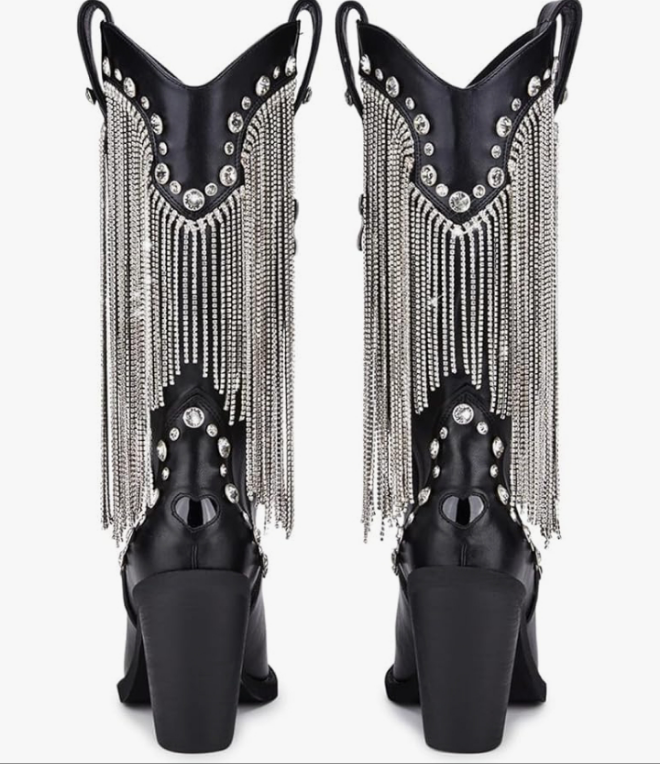 Cowbirl Boots - Vegan Leather Footwear With Rhinestone Fringe and Jewel Studs