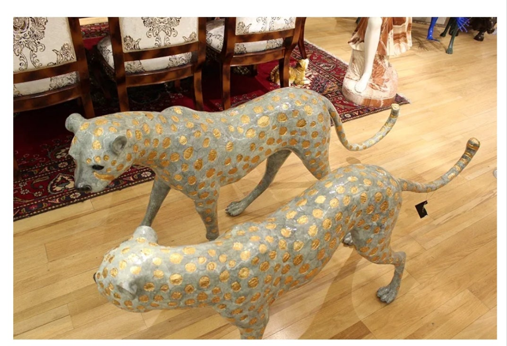 Pair of Golden-Plated Cheetahs Bronze Statue - Size: 58" L x 10" W x 31" H.