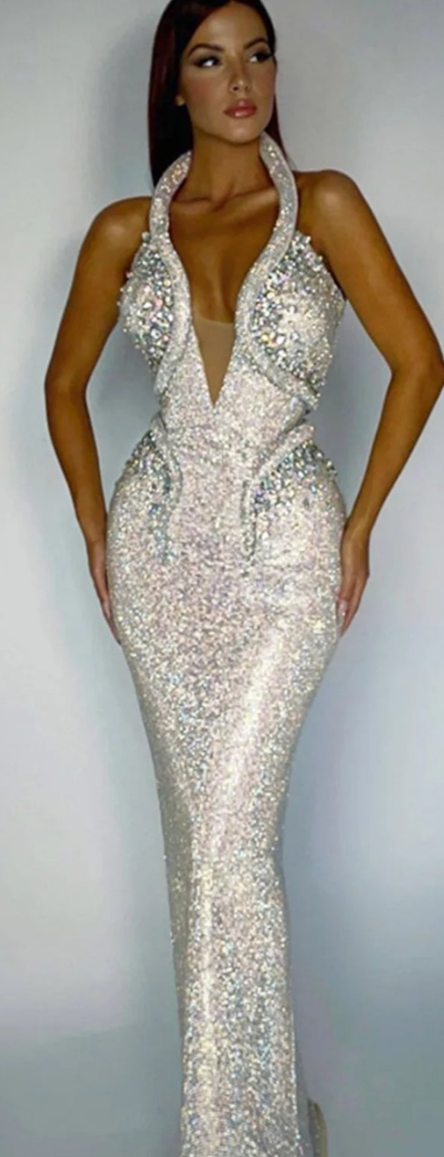 Snake-Shaped Sequin Rhinestone Halter Neck Maxi Dress-Silver COCOMONEY