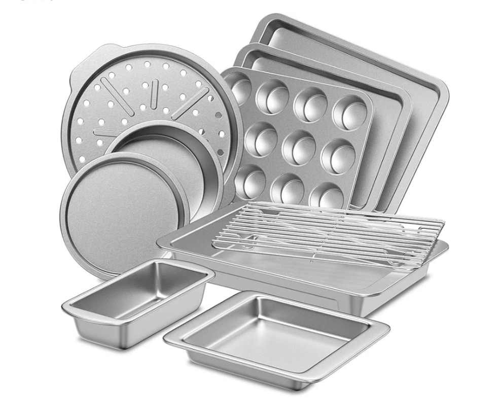 Bakeware Sets, Baking Pans Set, Nonstick Oven Pan for Kitchen with Wider Grips, 10-Piece Including Rack, Cookie Sheet, Cake Pans, Loaf Pan, Muffin Pan, Pizza Pan -