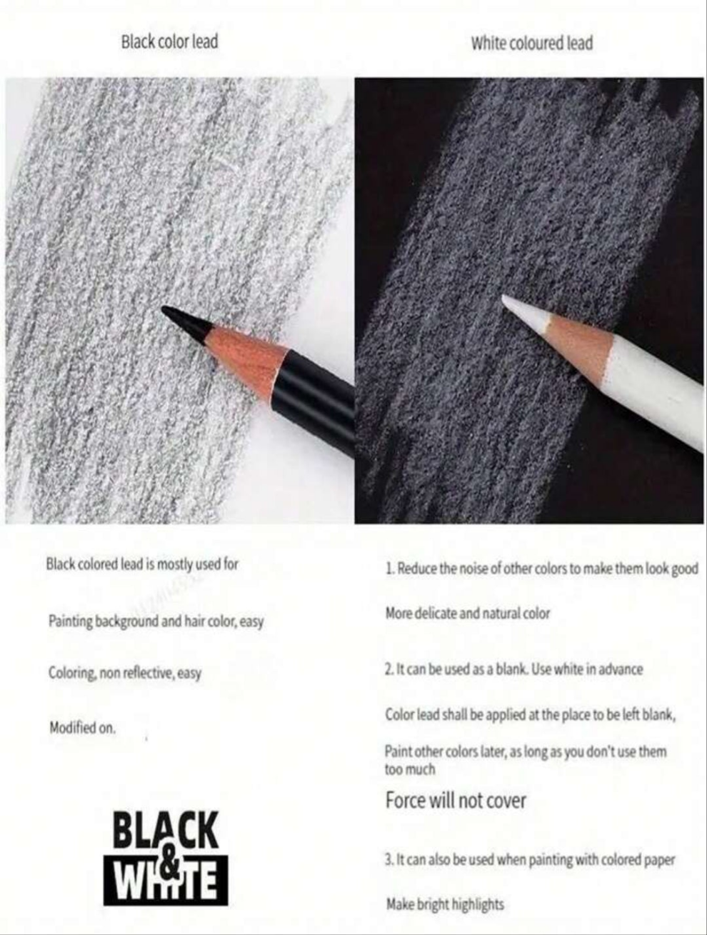12pcs Black/White Oil-Based Colored Pencil Set, Black/White Pencils Included, Sketch Charcoal Pencils Set, Soft/Medium/Hard Drawing Pencils, Exclusive Sketching Art Supplies wood