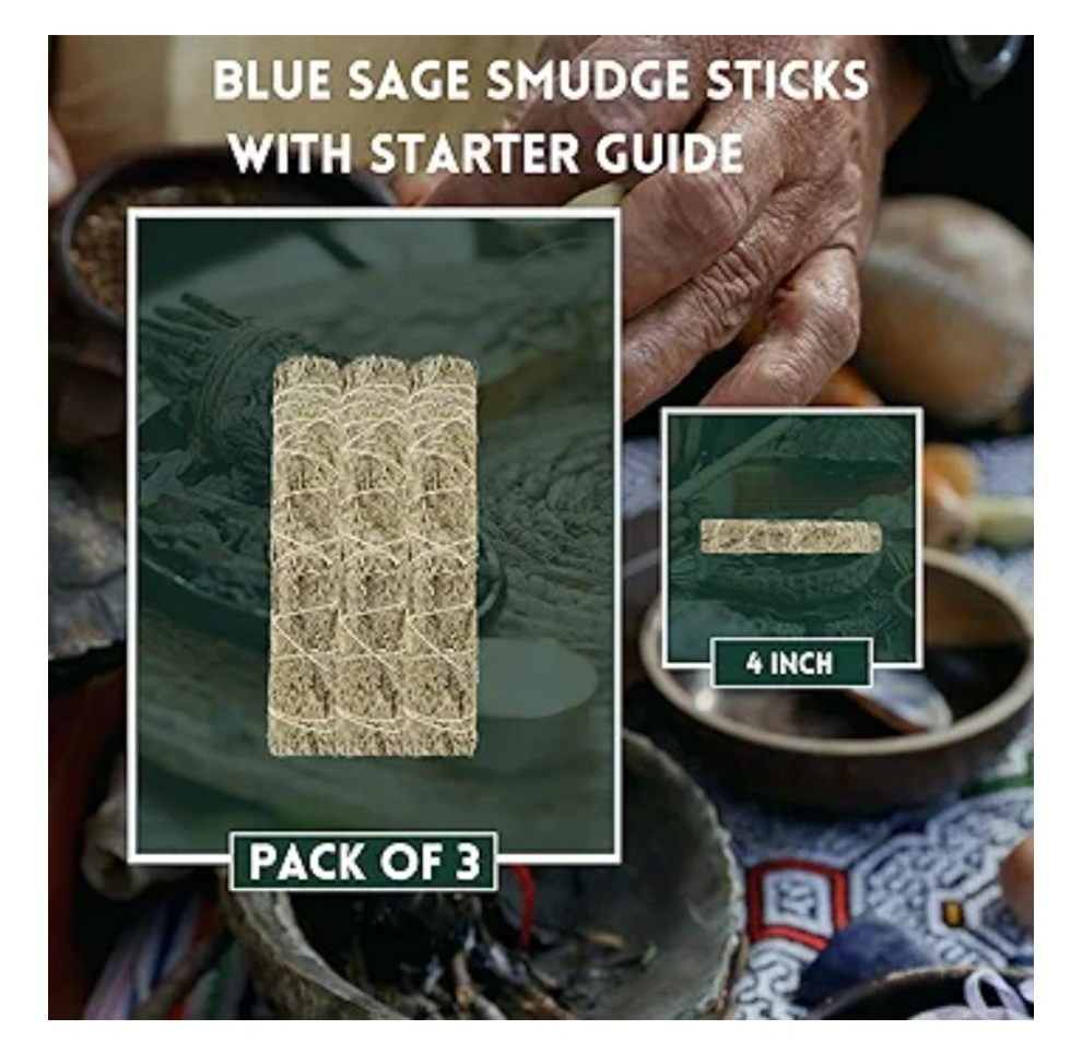 4 Inch 3 Pack Blue Sage Smudge Sticks with Starter Guide for Yoga | Floral Home Sage | Big Sage Smudge Stick Bundle Sage to Get Rid of Evil Spirits | Sage for Cleansing House Blessing