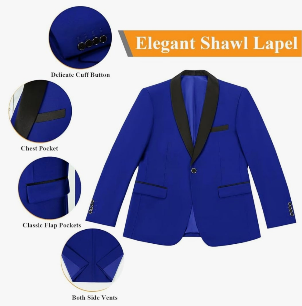 Men's 3 Piece Slim Fit Suit One Button Shawl Lapel Jacket Vest Pants Tuxedo Set with Bow Tie Pocket Square
