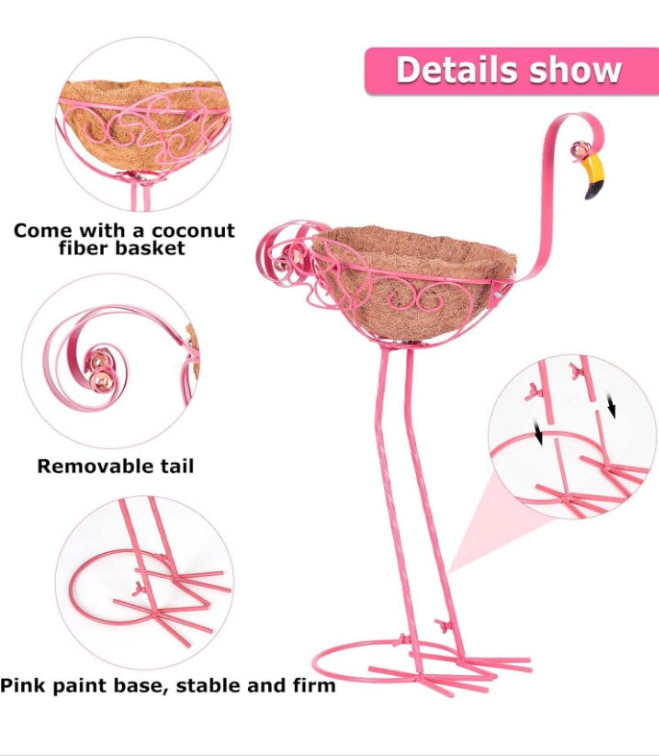 Set of 2 Pink Metal Flamingo Planters with Basket for Indoor Outdoor Garden Yard Decor