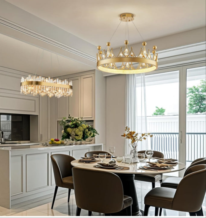 Crystal Chandelier D23.6'' Gold Round LED Crown Chandelier Contemporary Semi Flush Mount Ceiling Light for Nursery Girls Room Dining Room Bedroom