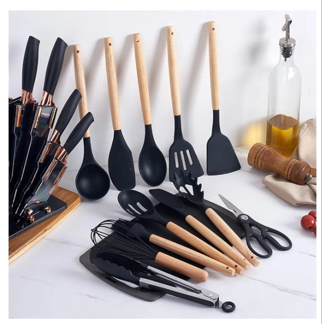 Luxury 19 Pieces Silicone Cooking Utensils Set Heat Resistant with Holder Wooden Handle Silicone Kitchenware Set with Knife Tool Spatula Kitchen Gadgets Utensil Set BPA Free,