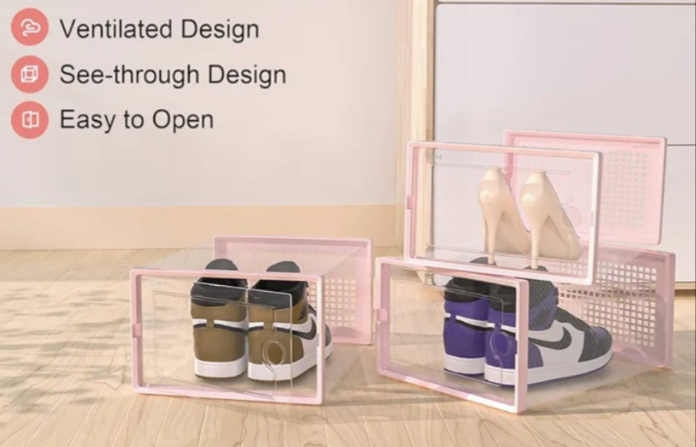 Pink X-Large Shoe Storage Boxes Organizers Clear Plastic Stackable 12 Pack, Shoe Rack & Holder Substitute, Sneaker Containers, Toy Storage Organizer Bins for Entryway, Closet, Under Bed,