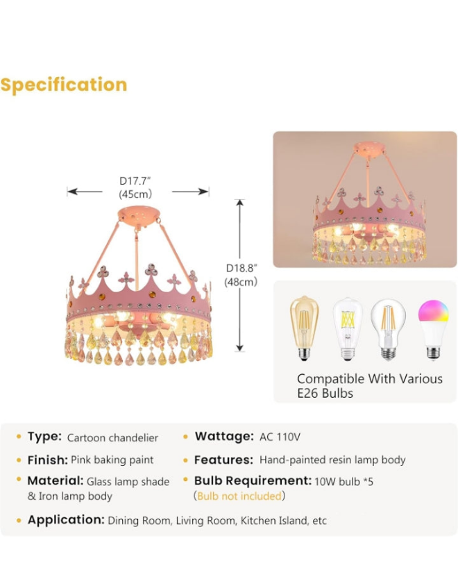 Mini Crystal Chandelier Crown Pink Chandelier Modern Round Elegant Crown Shape with Crystal Pendant Metal Lamp Body LED Ceiling Pendant Light Fixture