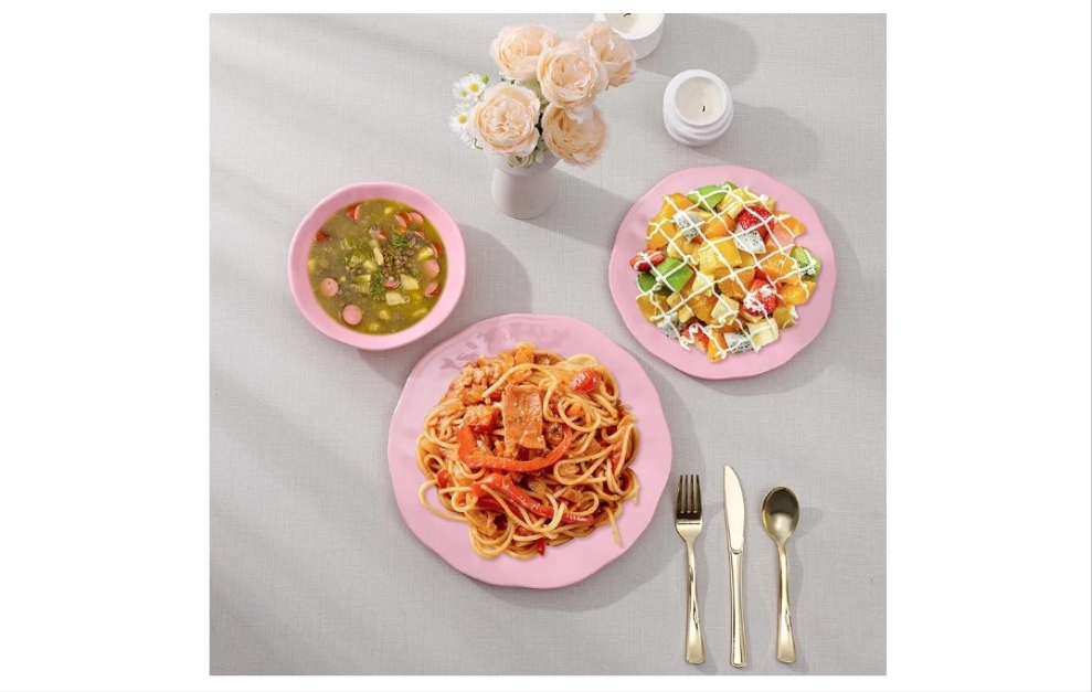 18 Piece Pink Dinnerware Set, Lightweight Kitchen Dining Plates and Bowls Set, Durable Melamine Dishes, Set of 6, Unbreakable RV Camping Dishes, Dishwasher Safe