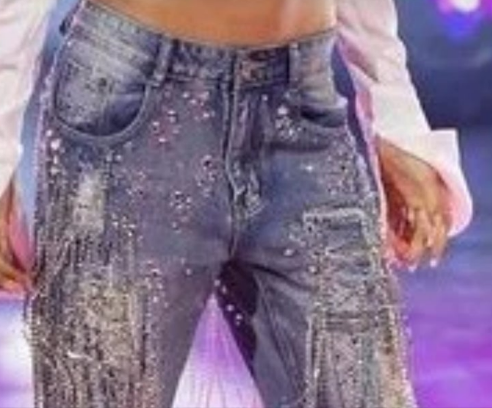 COCOMONEY Ripped Shiny Rhinestone Tassel Denim Jeans-Blue Tassels hanging