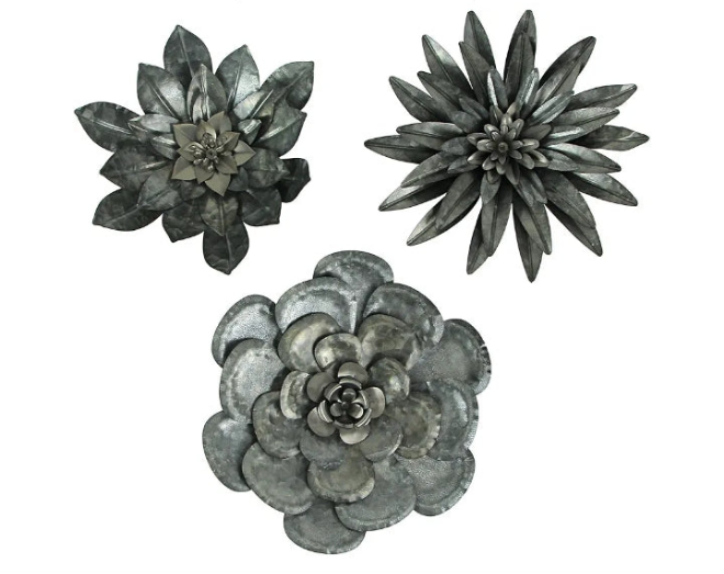 Set of 3 Galvanized Metal Flower Wall Hanging Sculptures Home Decor Floral Art 10 Inches High - Nature Accents for Country or Farmhouse - Easy Install