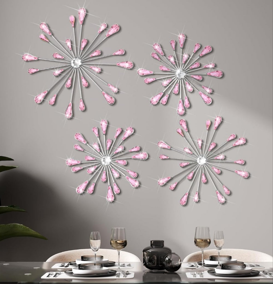 4 Pcs Starburst Wall Decor Bling Wall Art Crystal Teardrop 3D Hanging Rhinestone Radial Metal Artwork Modern Accent Sculptures Decorations for Living Room Home Office Bedroom (