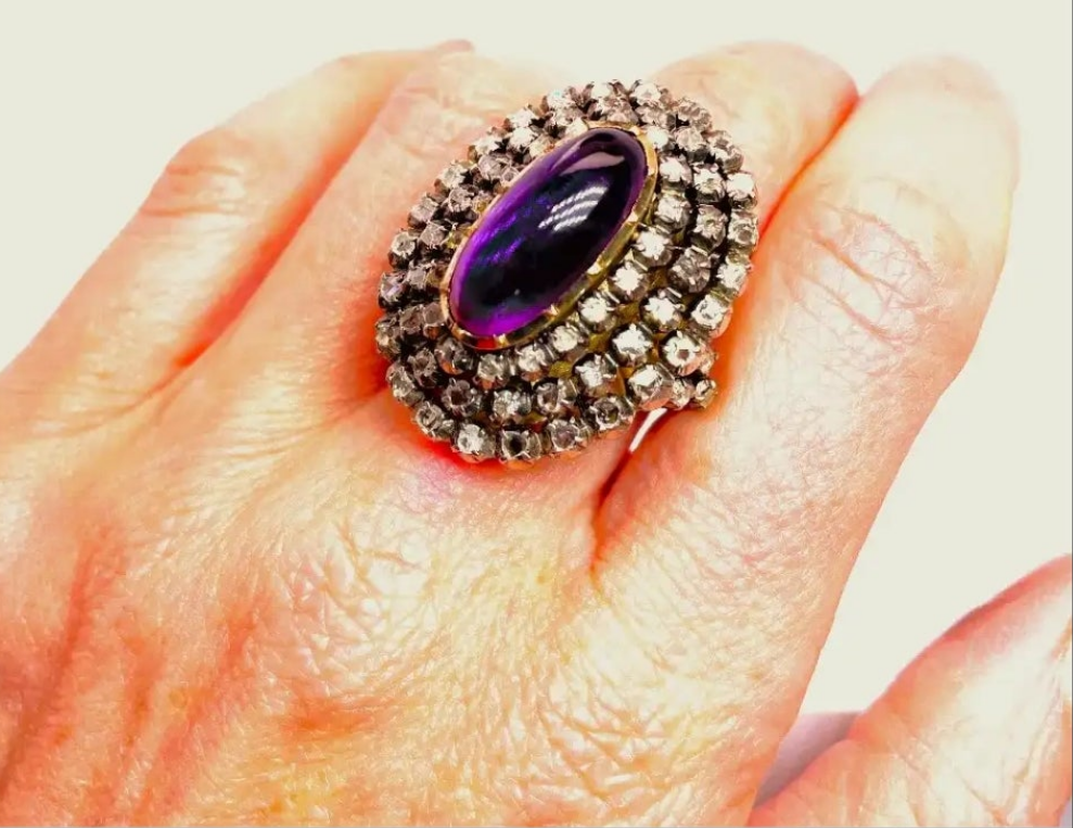 Georgian Diamond Ring 18th Century Amethyst Diamond Ring Marie Antoinette 18K Gold Old Cut Diamond Ring Museum Quality Luxury Diamond Ring Handmade Diamond Ring Dome Bombe 1700s Dress Ring Engagement Ring Wedding Ring Cocktail Ring Large Diamond Ring