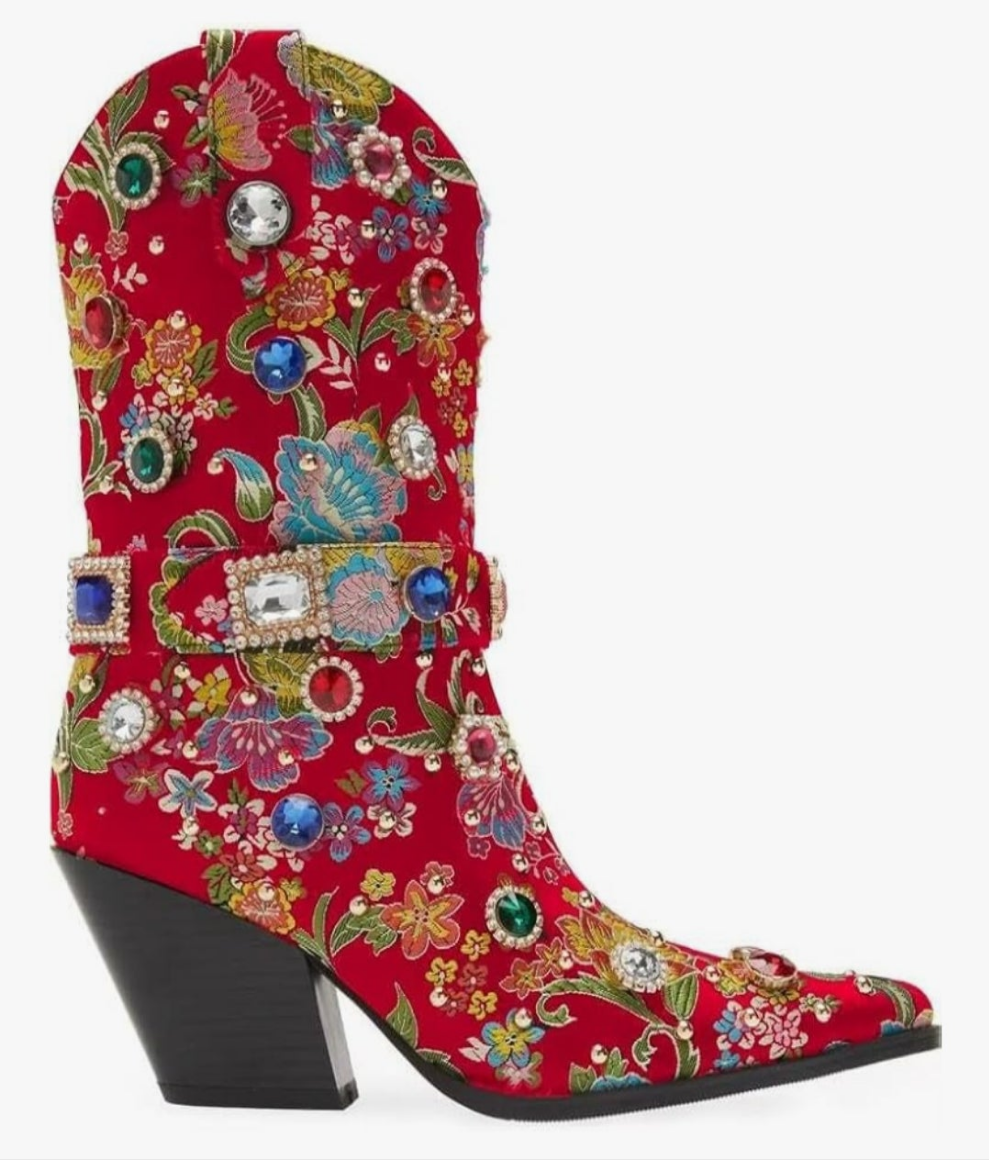 Western Cowgirl Boots For Women Flower Embroidered Rhinestone Mid Calf Pointed Toe Chunky Heel Cowgirl Boots