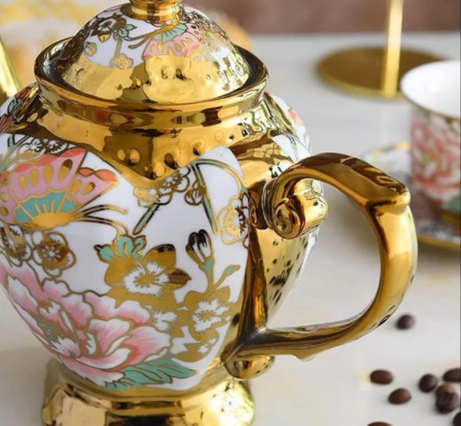 Gold Plated Red Rose Ceramic Tea Set, Vintage Tea Set with Teapot, Beautiful Tea Set Coffee Serving 6 People (red, large)