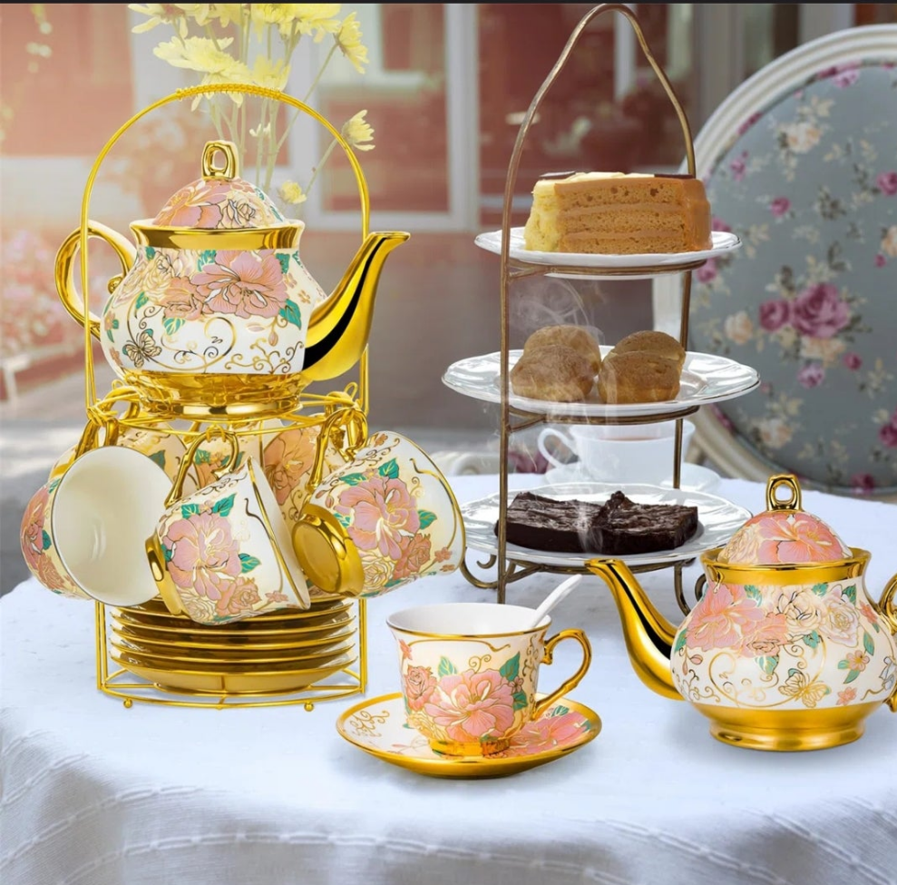 Ceramic 20 Pieces European Ceramic Tea Set for Adults With Metal Holder and Flower Painting (Cream) fancy
