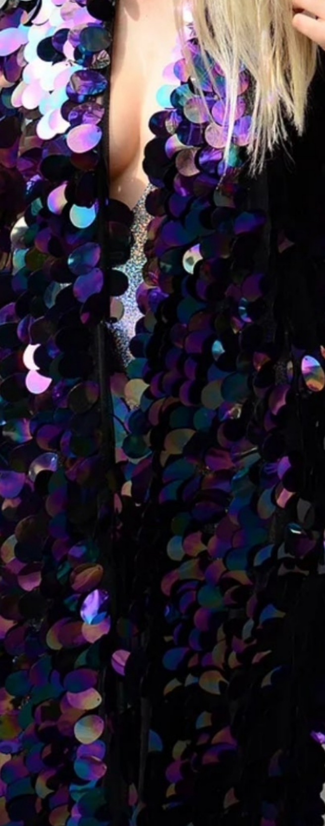 Party Disco Sequin Short Sleeve Cardigan Coat-Purple blue multicolored COCOMONEY