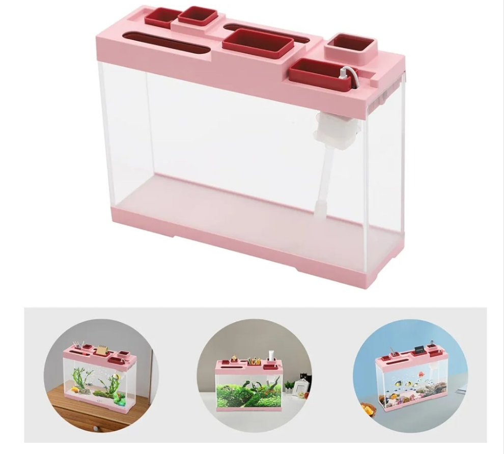 Fish Tank, 3-4L Narrow Tabletop Storage Fish Tank with DC Submersible Pump LED Light Low Noise Desktop Acrylic Aquarium for Living Room Bedroom Study Room Office