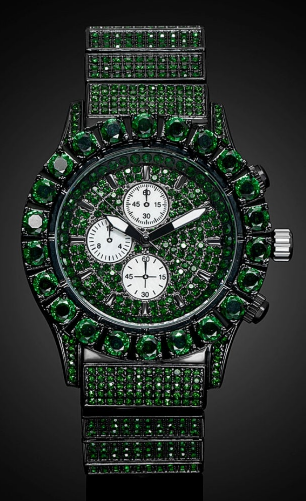 Iced Ruby Round Cut Luminous Men's Watch in Black Gold
