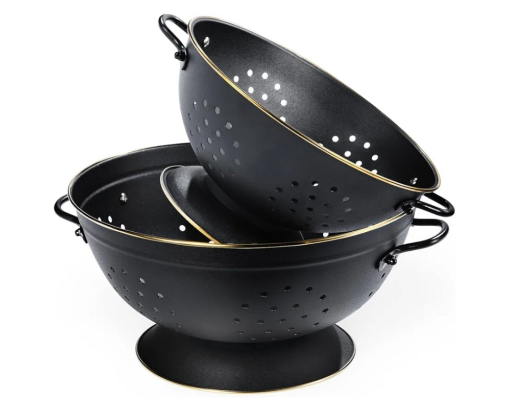 Metal Colander Set of 2, Strainer Basket with Handles perfect for Spaghetti, Pasta, Berry, Vegetable, Fruit, Solid Base Powder Coated Self-draining Kitchen Colander Bowel, 3.5 & 5 Qt,