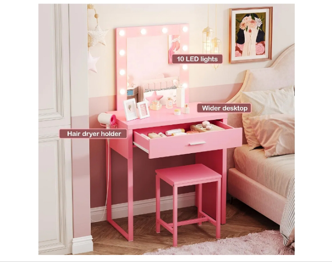 Makeup Vanity Desk with Mirror and Lights, Black Vanity Table and Chair Set, Brightness Adjustable, Small Vanity