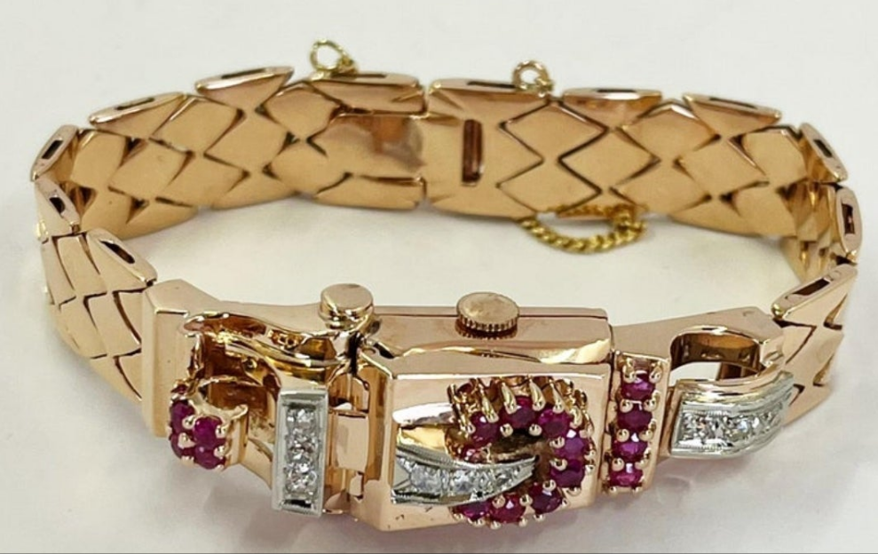Stunning Retro Rose Gold, Diamond, and Ruby Manual Watch 0.18k
