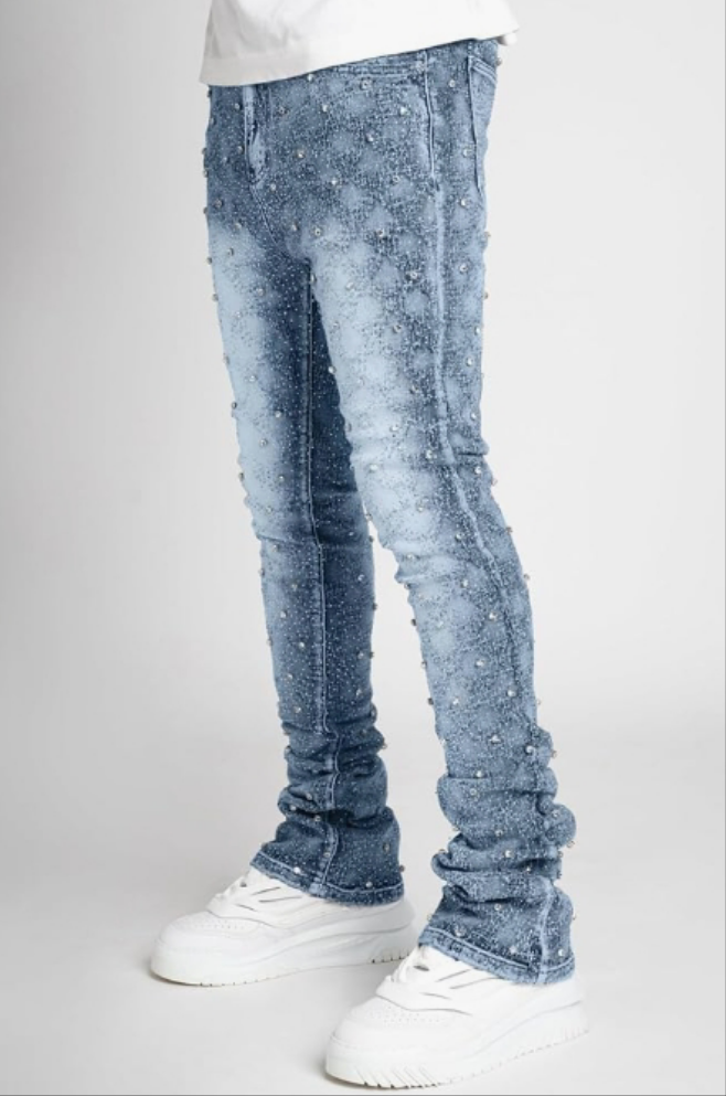 Stretch Fit Skinny Stacked Rhinestone Jeans Slim Fit Printed Y2K Denim Pants Trousers Streetwear