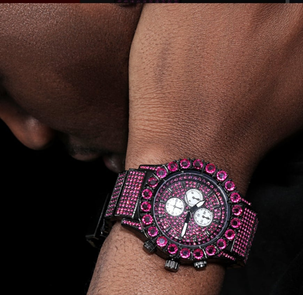 Iced Ruby Round Cut Luminous Men's Watch in Black Gold