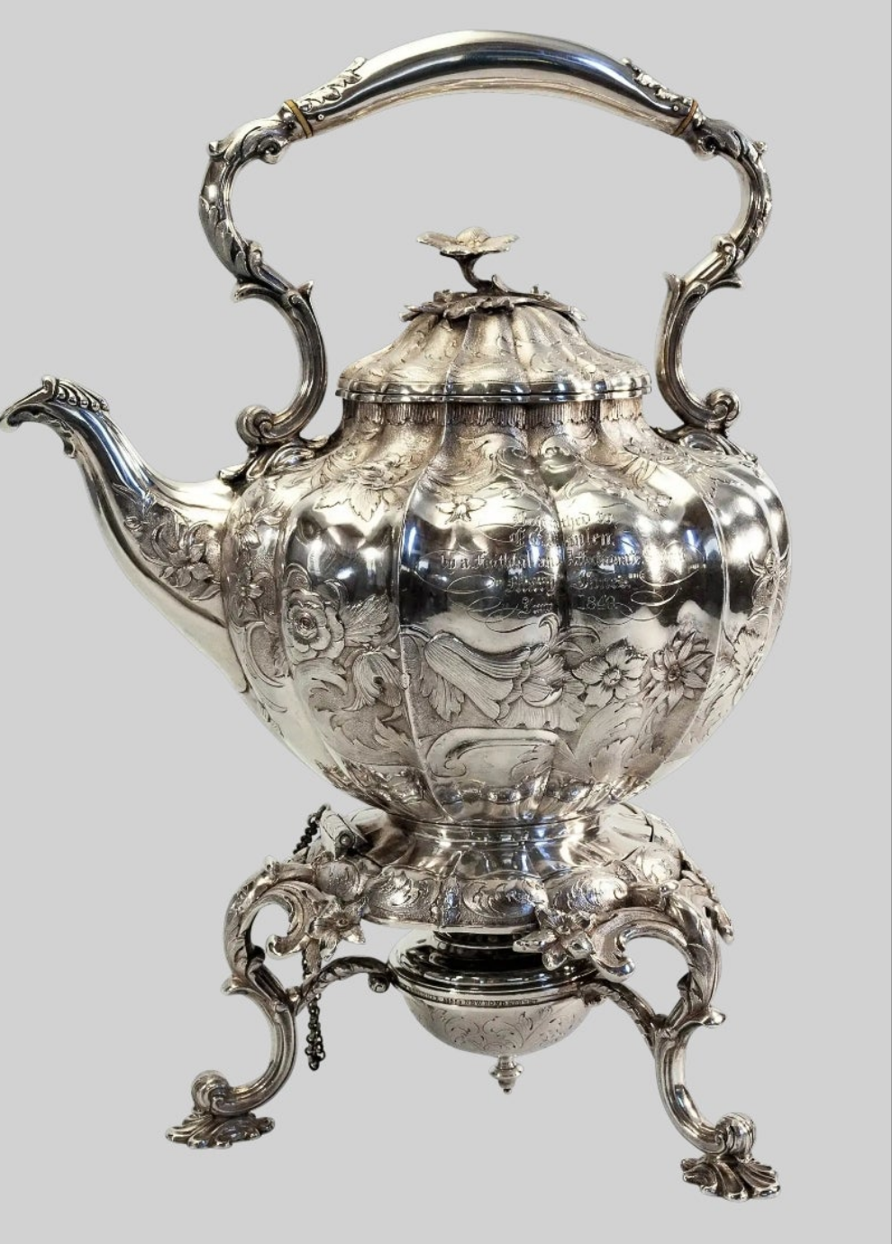 An exquisite piece 925 Sterling Silver William IV English sterling teapot on stand 1837 - 16" high x 9" wide x 12" deep