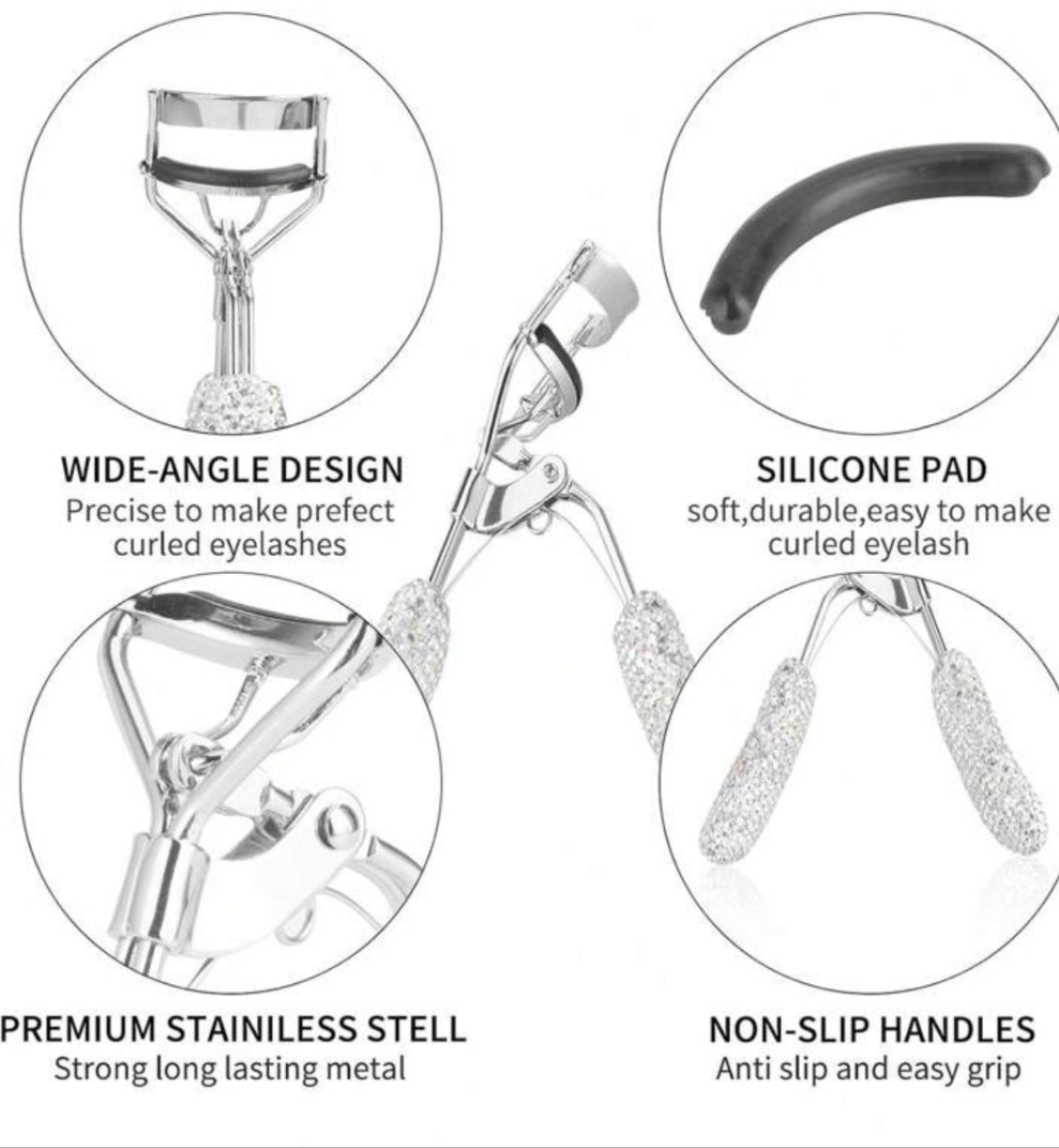 1pc Premium Rhinestone Decorated Ceramic Eyelash Curler With Rubber Grip, Durable And Portable